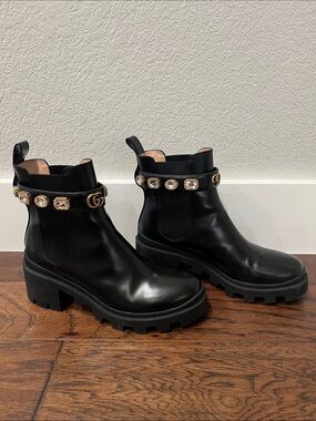Gucci Black Leather Ankle Boots with Gold Crystal Strap